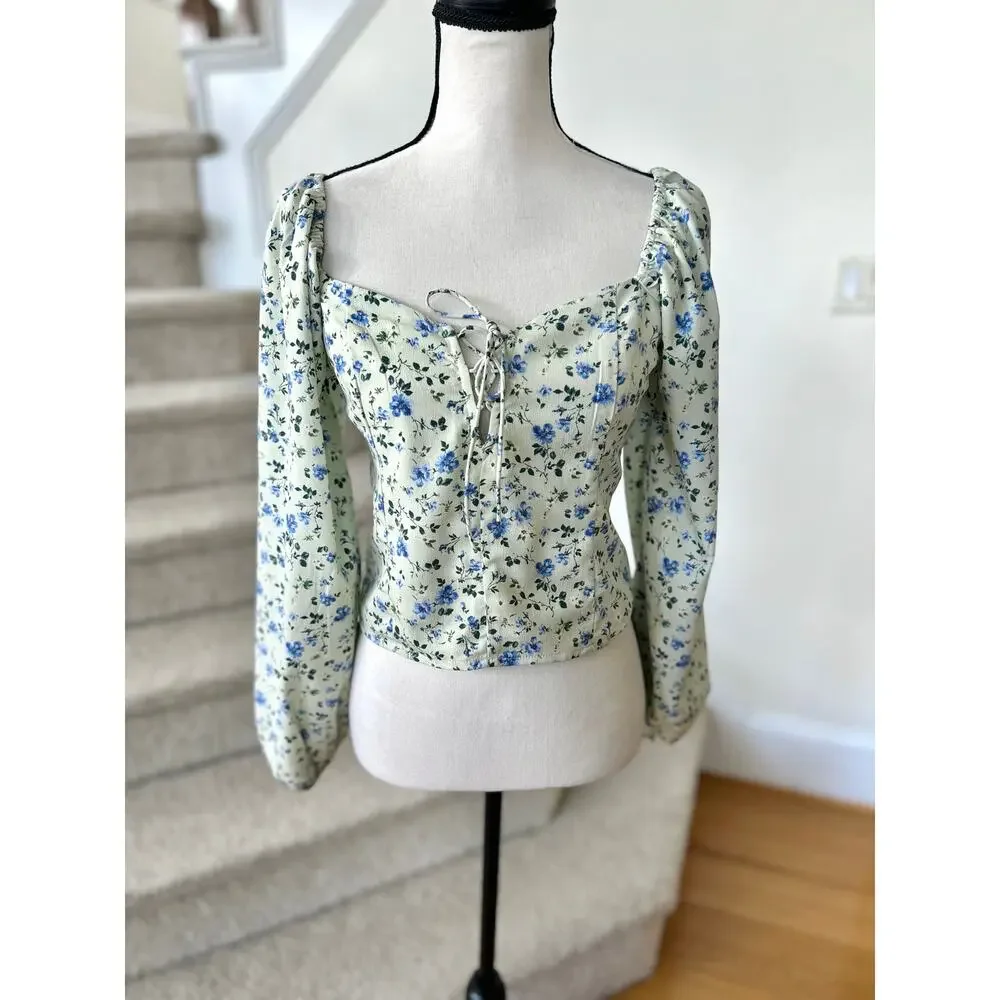 Abercrombie Light Green & Blue Ditzy Floral Puff Sleeve Cottagecore Blouse